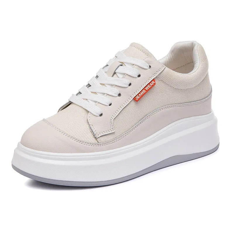 Women's beige and pink leather board shoes with thick soles for height increase