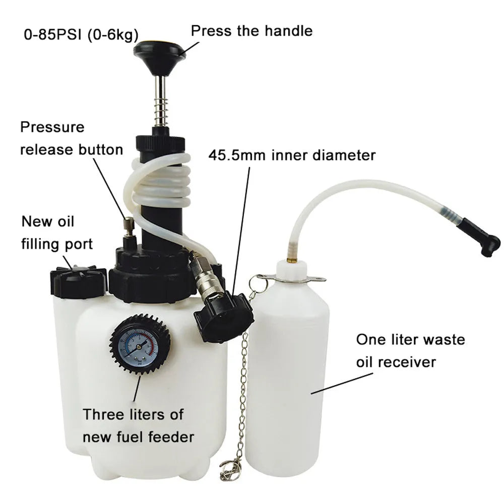 3-litre white plastic brake fluid reservoir tank with copper pump and iron fittings for car maintenance.
