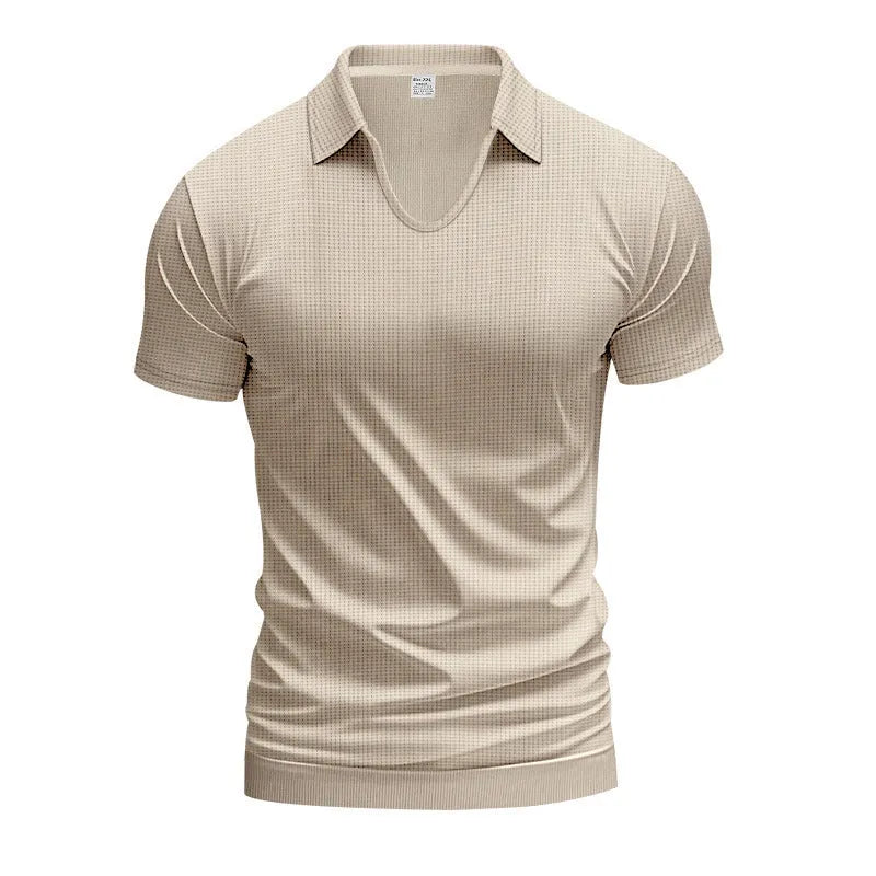 Men's loose fit light grey cotton blend V-neck short sleeve t-shirt laid flat.
