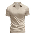 Men's loose fit light grey cotton blend V-neck short sleeve t-shirt laid flat.