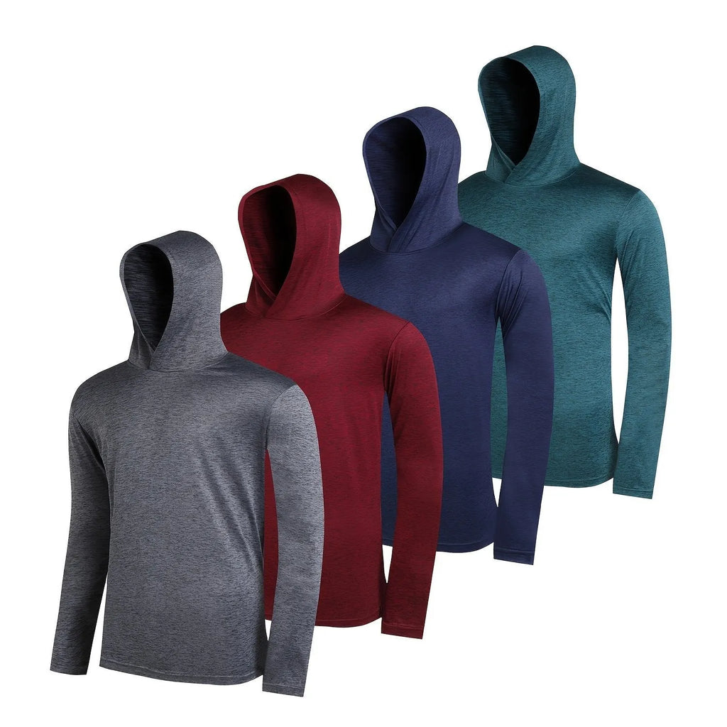 Set of four men's lightweight hoodies in elastic polyester fabric, shown in multiple colours.
