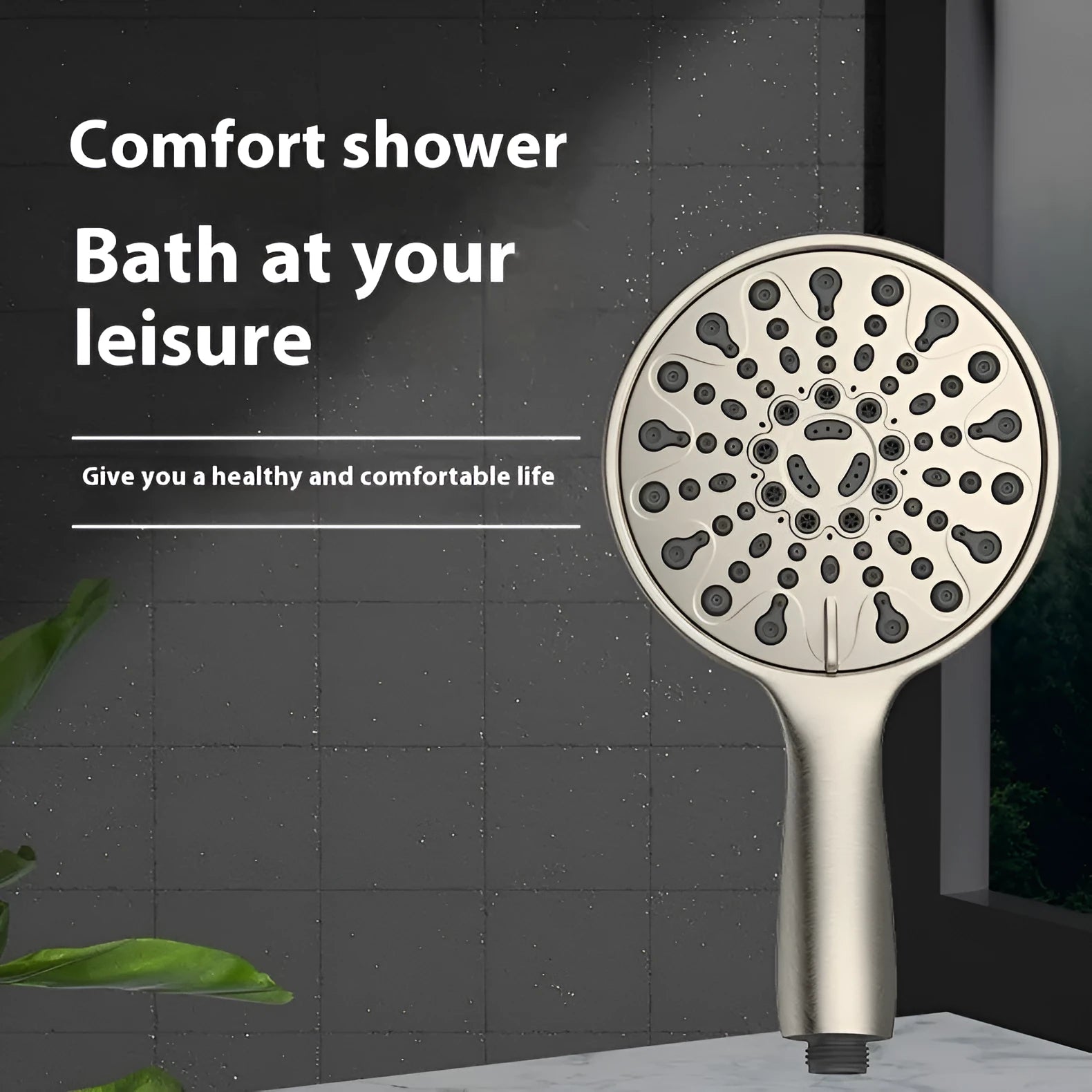 Six-function handheld shower head with electroplated finish and 6-inch diameter.