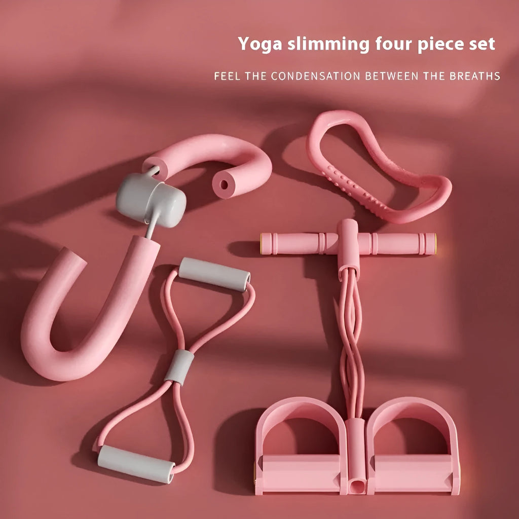 Yoga four-piece fitness set with leg stretcher, circular yoga ring, pedal device, and figure-eight tension rope on a light background.