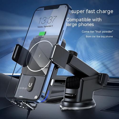 Black car wireless phone charger and holder with 15W fast charging, showing clip and suction cup mounting options.