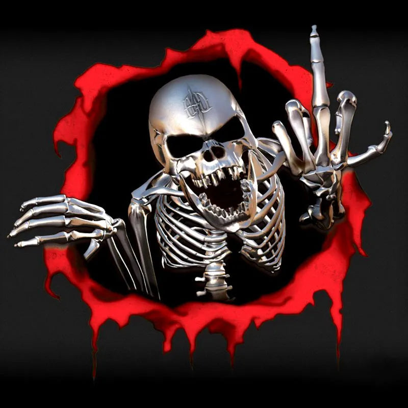 Reflective car bumper sticker with metal skull design and colourful broken shell pattern measuring 15x14cm