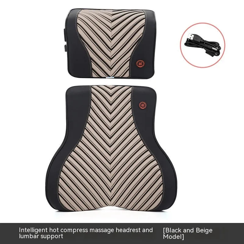 Black and red electric car massage headrest and lumbar support cushion with leather mesh fabric.