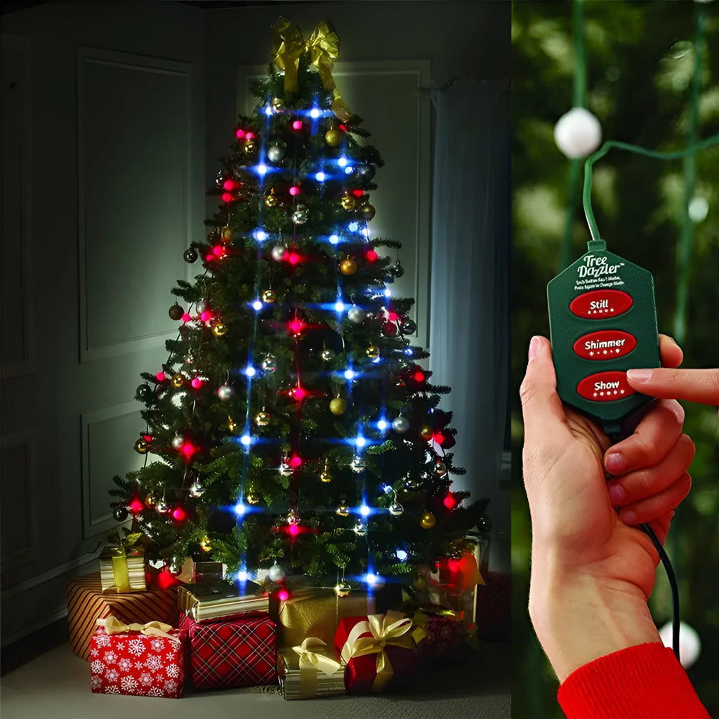 64 LED Christmas tree light string with button control for dimming and colour change, suitable for 1.8 metre trees.