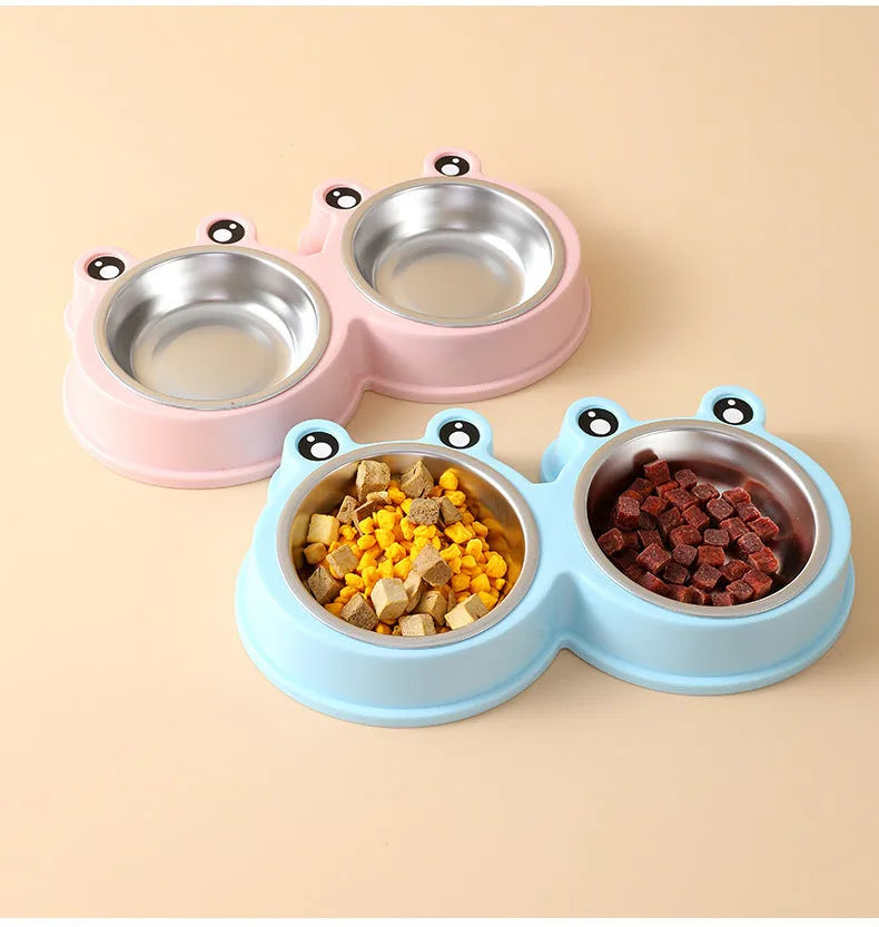 Stainless steel pet double bowl for food and water in blue, green, and pink colour options.