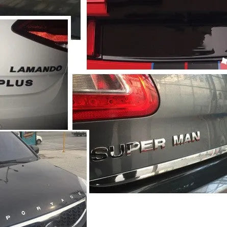 Metal zinc alloy car letter stickers showing dimensional 3D construction in black and silver finishes