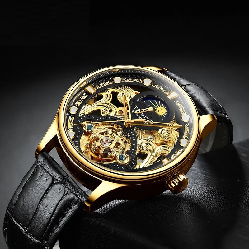 Men's gold and white leather strap automatic waterproof business watch with thick case.