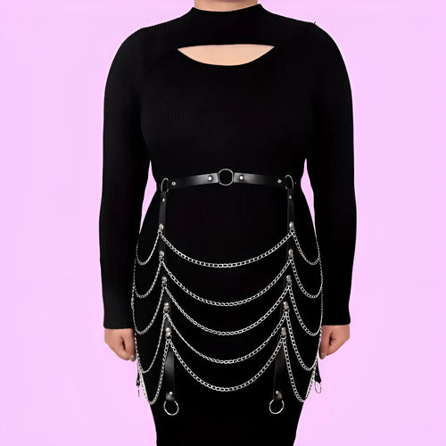 Black PU leather waist chain ornament with bandage detail and chain binding decoration
