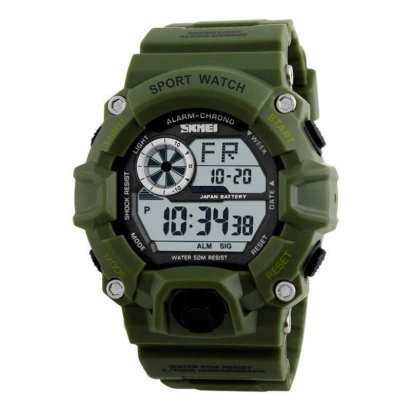 Waterproof sports electronic watch with round dial and plastic strap in multiple colour options