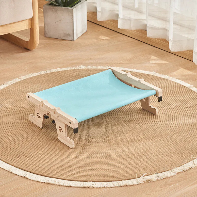 Wooden frame cat hanging bed hammock mounted on balcony railing