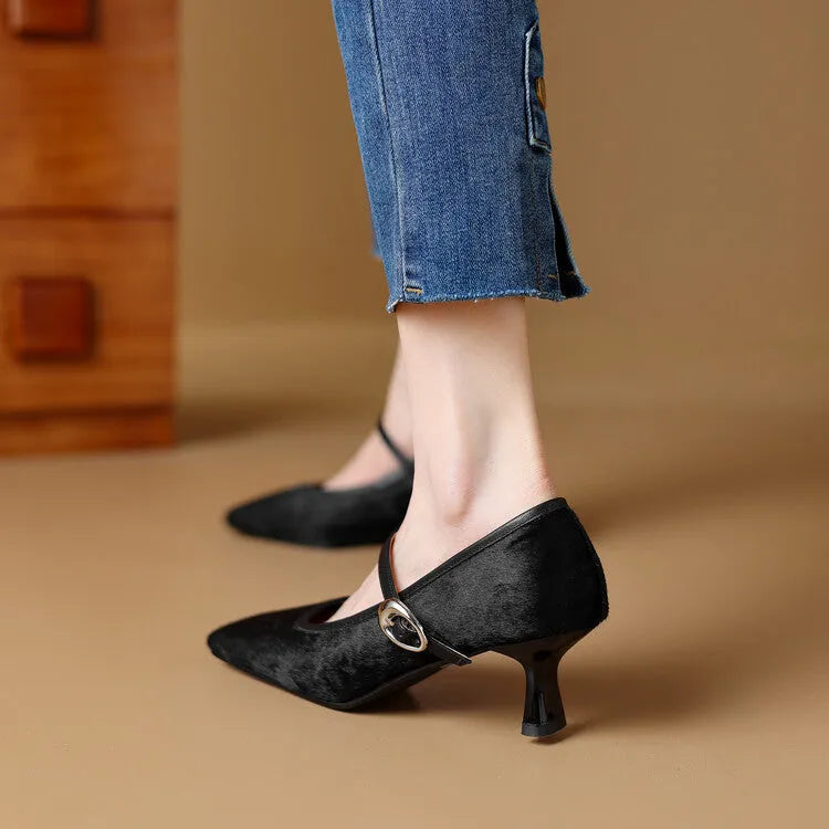 Women's black square toe stiletto ankle-strap high heels with horse hair upper