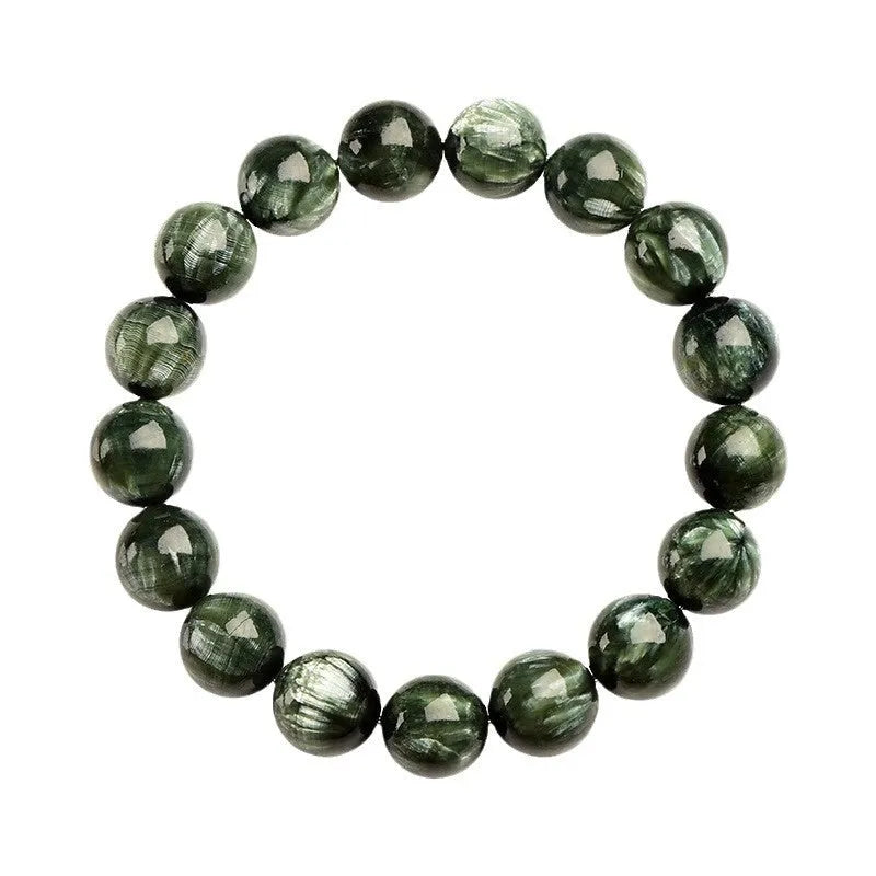Grade 7A Green Dragon Crystal bracelet with round beads and ruyi design on a wrist.