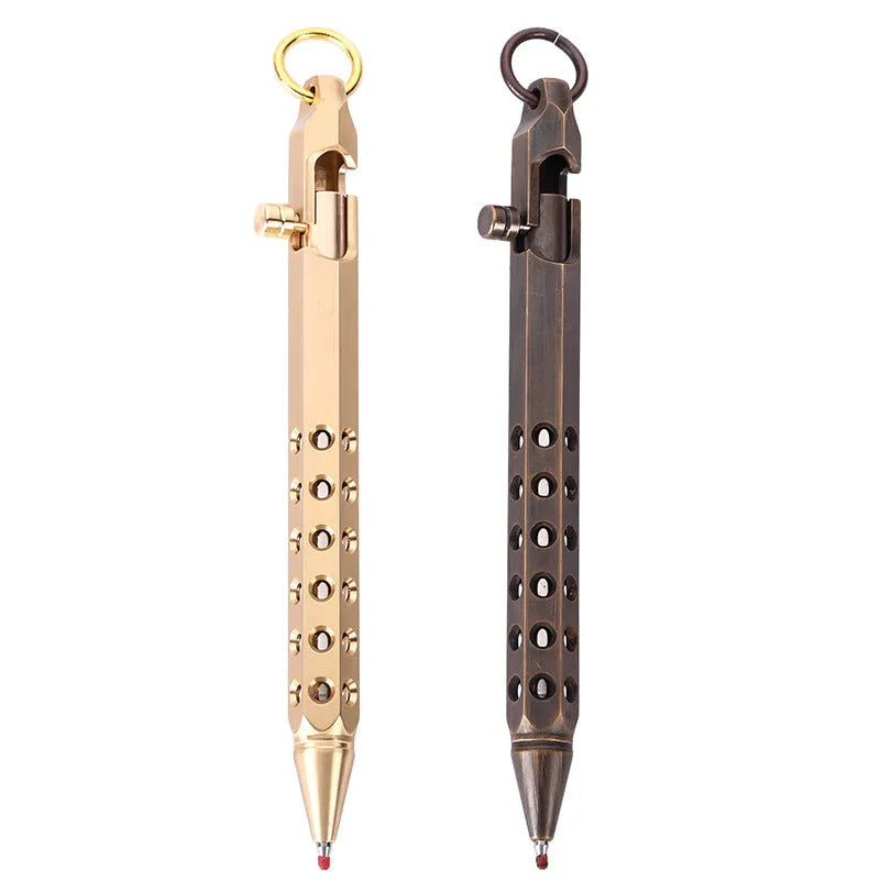 Brass hexagonal bolt action rollerball pen showing six-angle barrel and bolt mechanism