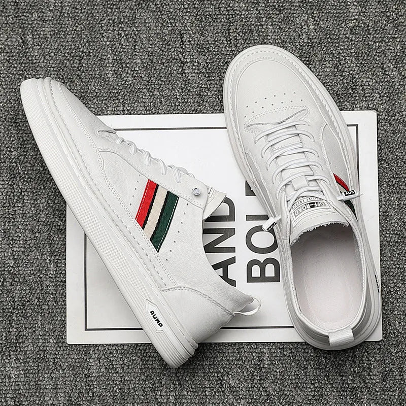 White casual lace-up leather shoes with inner height increase, round toe, rubber outsole, on a clean background