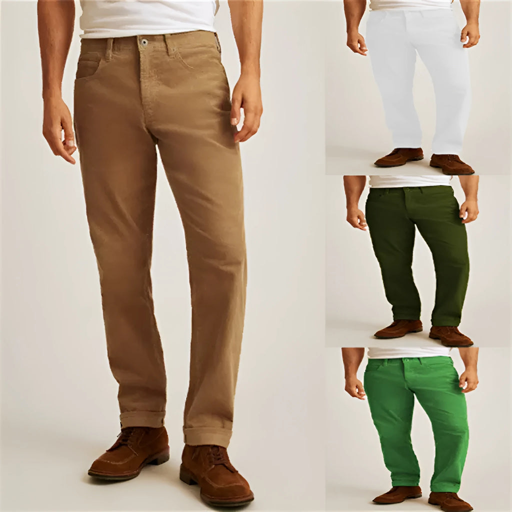 Cotton blend corduroy straight leg casual trousers on a hanger, shown in Army Green colour.