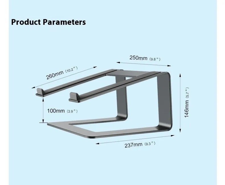 Black aluminium alloy laptop stand on desk showing dimensions and open-frame design