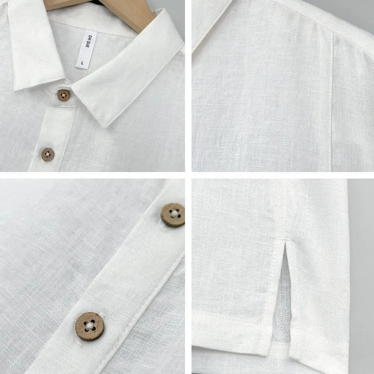 Man wearing a light grey green linen short-sleeve top with thin lapels and a loose fit.