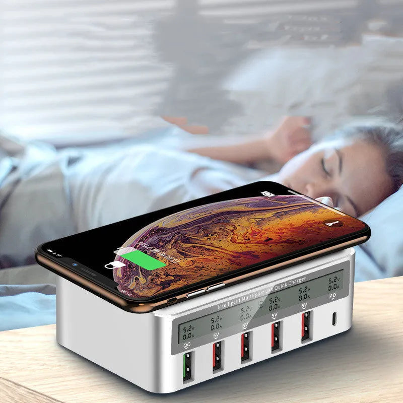 QC30 6-port USB desktop charger with LED display showing British, European and American plug versions