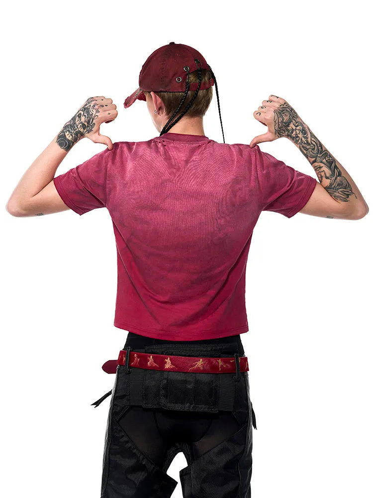 A red men's slim-fit T-shirt with a distressed wash finish and a round neck.