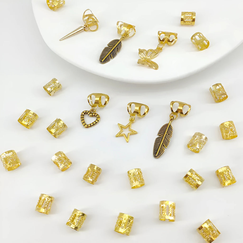 Pack of 26 antique style dirty braid hair rings with leaves design in gold or silver colour