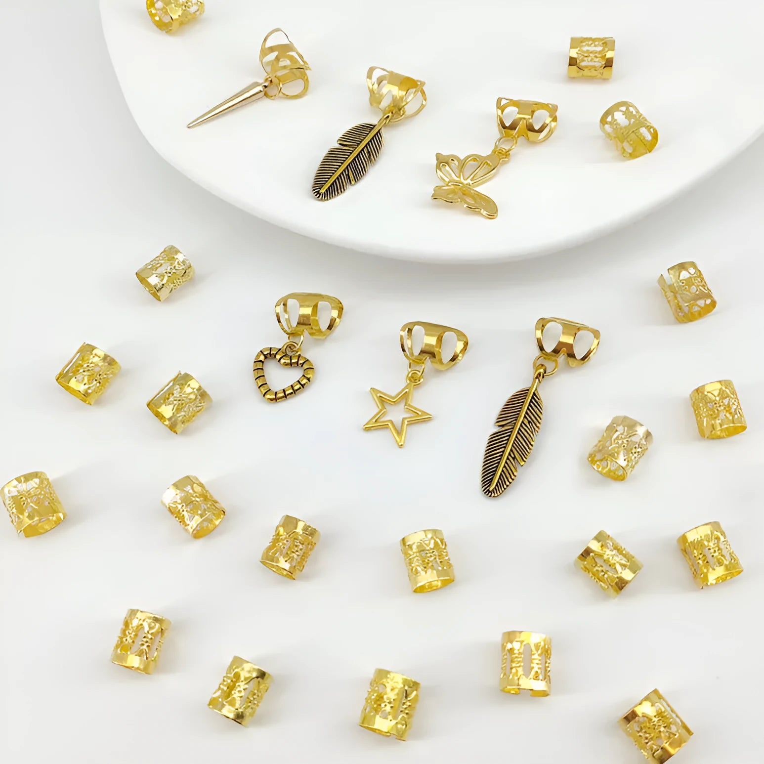 Pack of 26 antique style dirty braid hair rings with leaves design in gold or silver colour