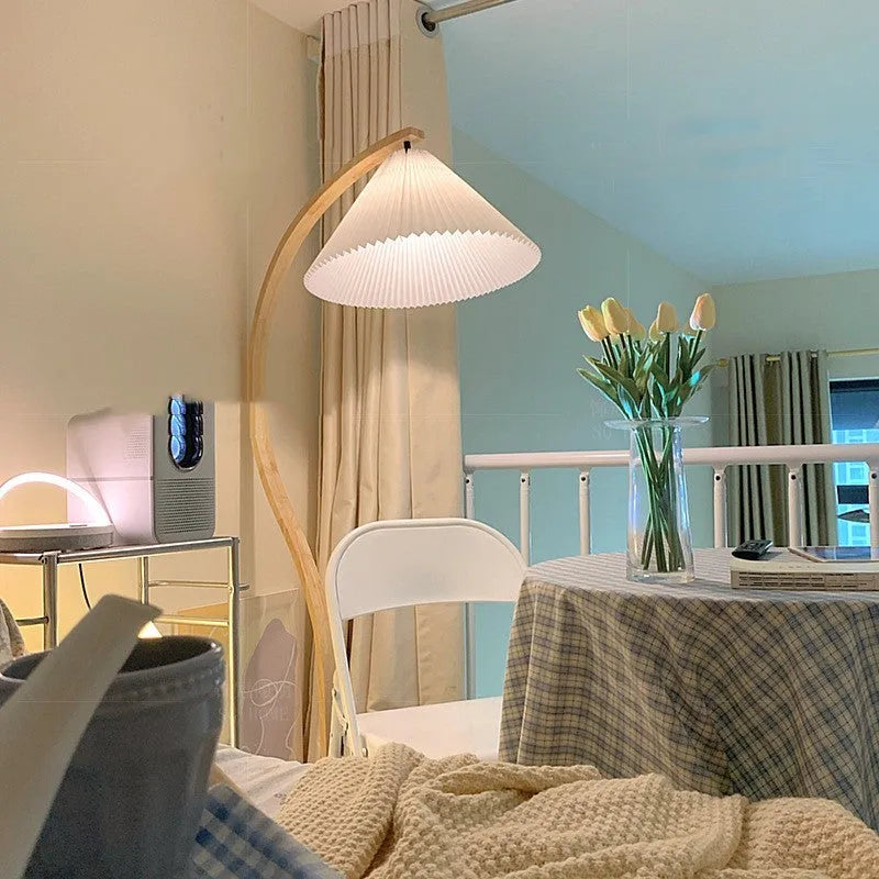 Vertical retro-style table lamp with fabric lampshade on metal base