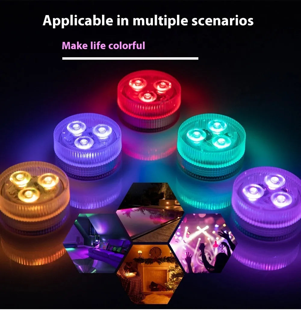 Compact white submersible aquarium LED light with remote control on a blue background