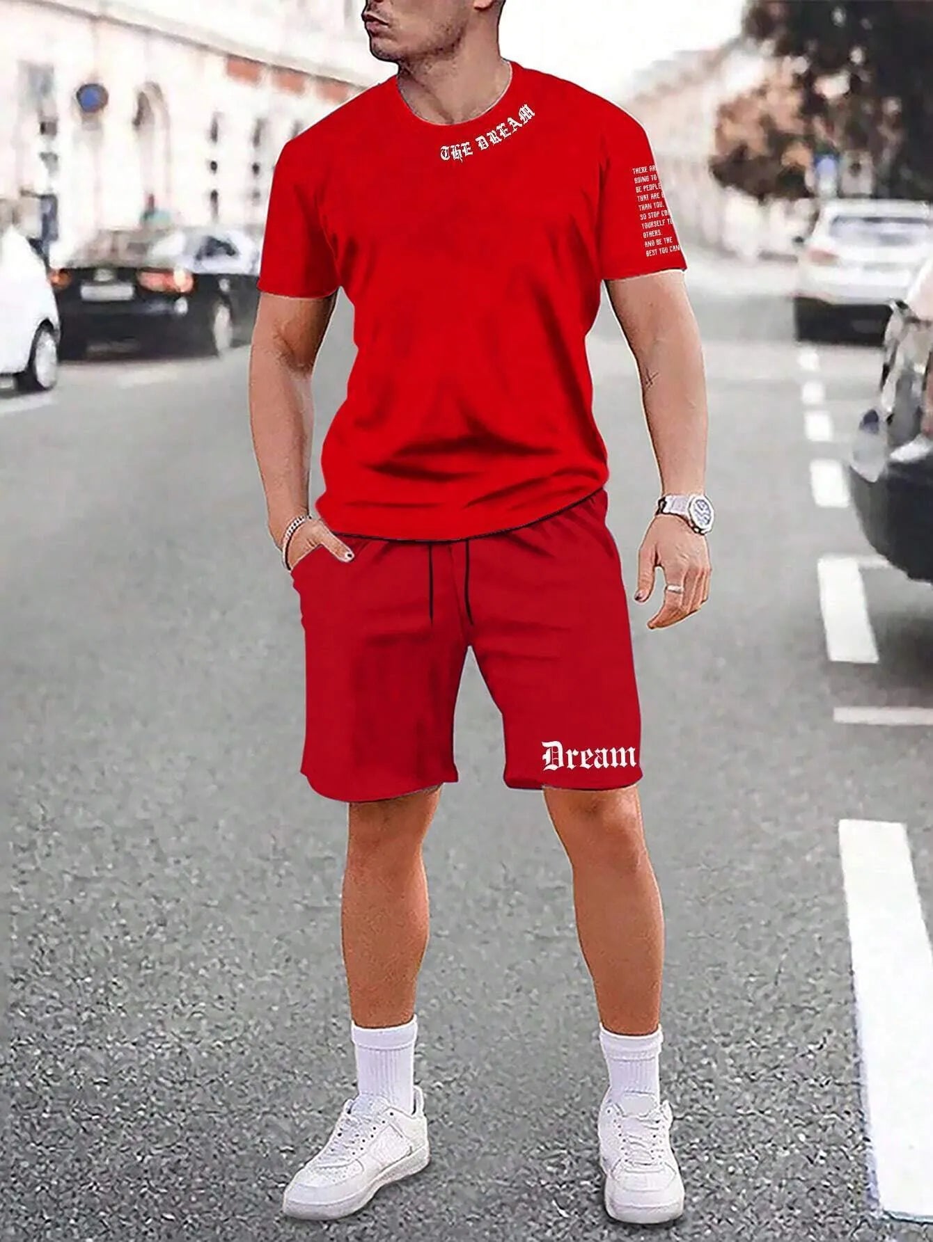 Sports-style short sleeve shirt and matching shorts set in a printed pattern, shown in colour G23P1573.