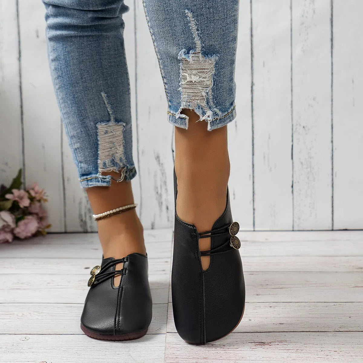Women's casual square toe flats slip-on button loafers in beige, black, wine red, sizes 36-43