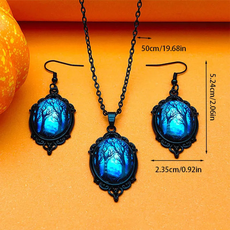 3pcs vintage Halloween tree of life and witch necklace set with earrings, alloy pendant jewellery, two colour styles