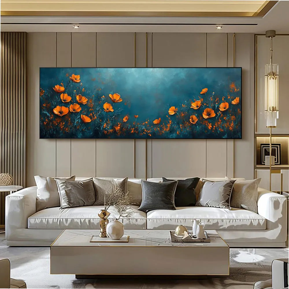 Abstract floral handmade oil painting on canvas, unstretched frameless, modern horizontal design for home decor