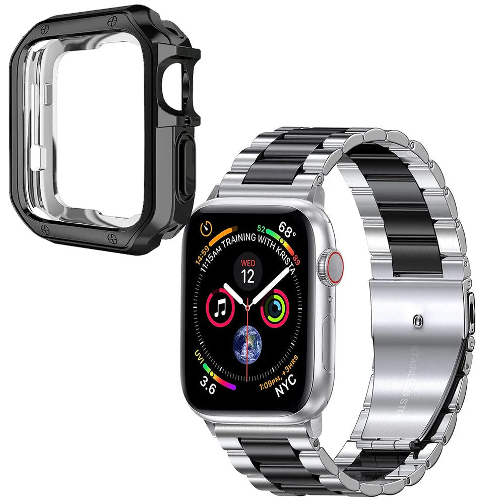 Stainless steel link band and black TPU protective frame for Apple Watch 44mm case