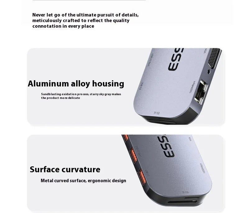 Grey aluminium 11-in-1 USB-C expansion dock hub with attached cable, showing multiple ports including HDMI, VGA, Ethernet, and USB.