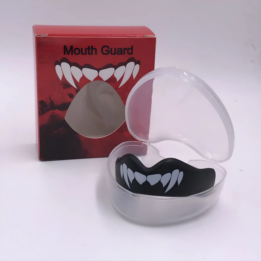 Adult boxing mouthguard with printed teeth design in choice of colours, shown with protective case.