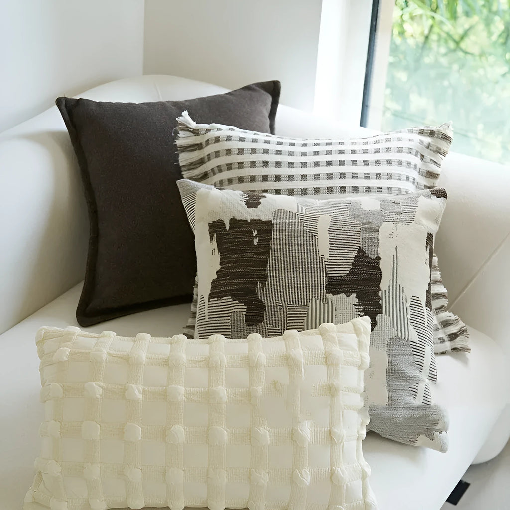 Coffee brown striped Chinese classical style decorative cushion on a sofa.