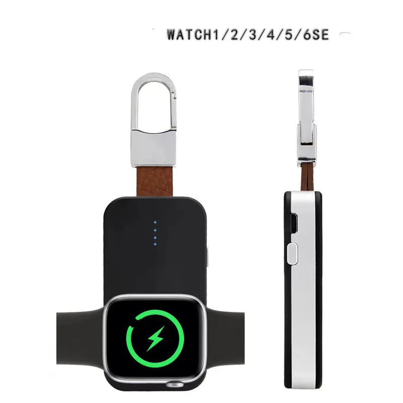 Black Apple Watch keychain power bank showing compact size and keychain loop.