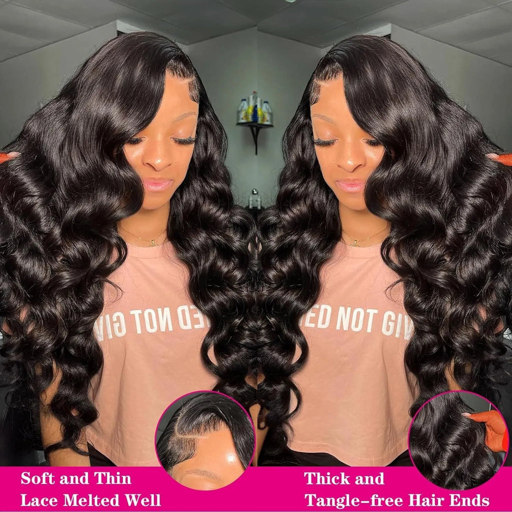 Black synthetic wig with long, wavy hair and a sheer lace front on a mannequin head.