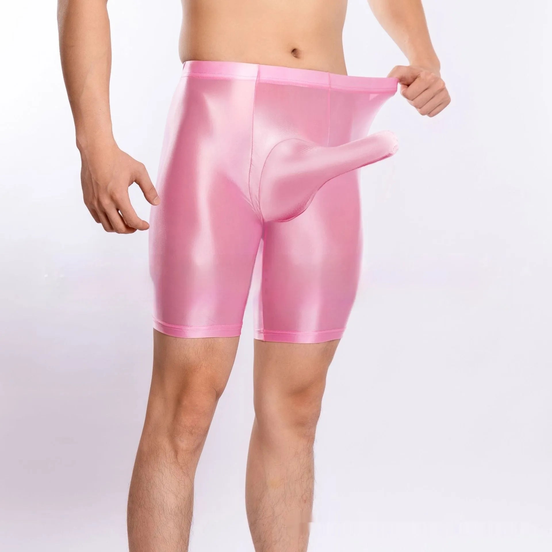 Man's shiny silky nylon sports shorts in plus sizes, shown in multiple colour options.