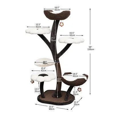Beige flower-shaped cat climbing frame, 162cm tall, iron and plush, with integrated nest, platform and grasping board