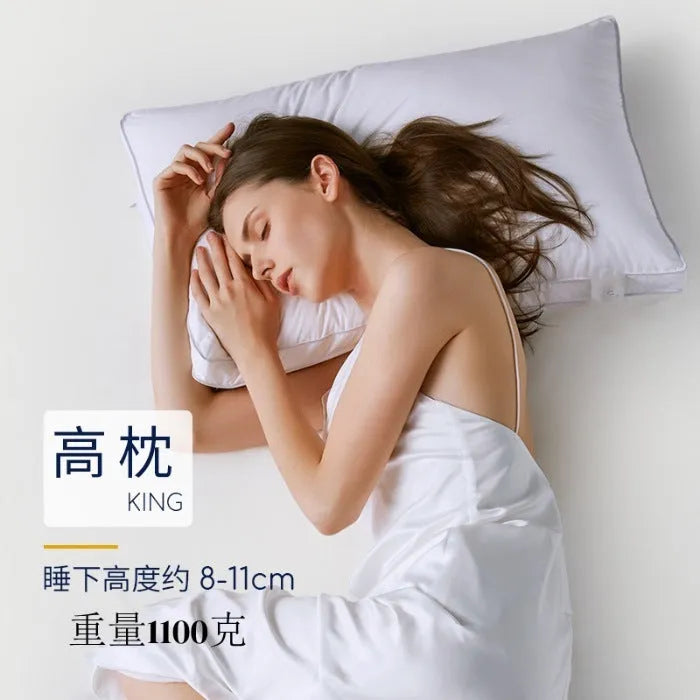 White hotel pillow with satin stripe or plain cotton cover, shown in 45x65cm, 48x74cm, and 50x80cm sizes.