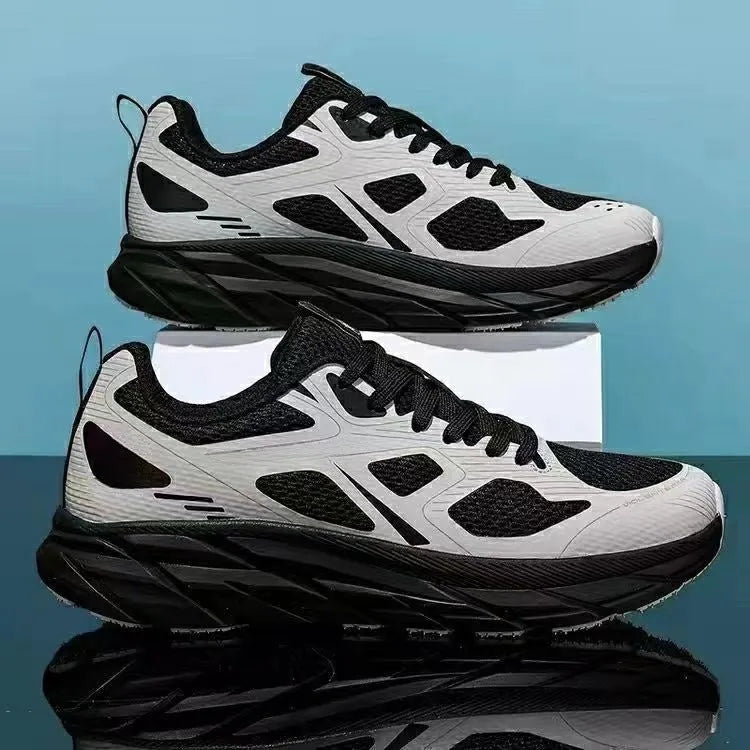 Unisex mesh running shoes in red, beige, green, grey, and black colour options showing round toe design