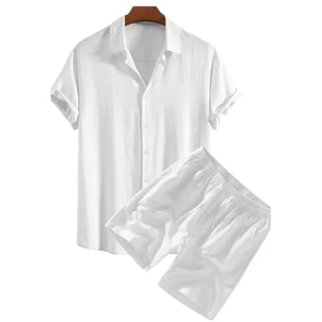 Men's solid colour casual short-sleeved shirt and shorts suit set on a hanger.
