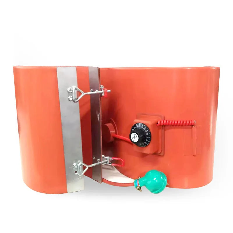 Silicone rubber heating belt wrapped around a 200-litre oil drum with control unit