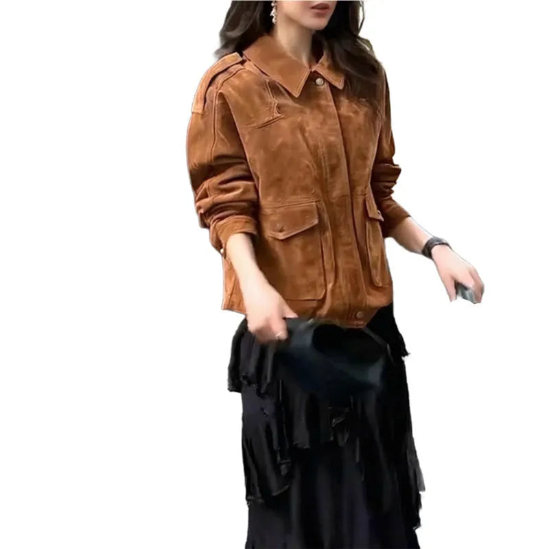 Women's brown suede-style street chic coat with regular sleeves on a hanger.