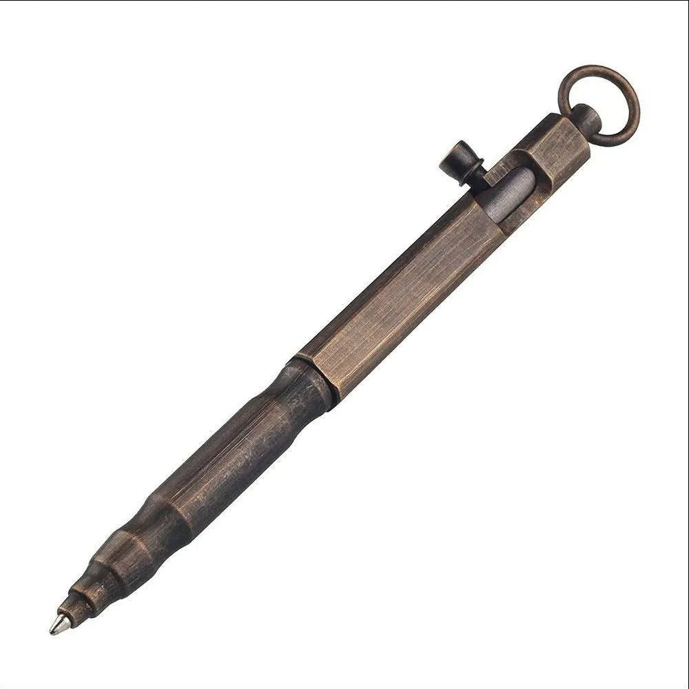 Solid brass hexagonal bolt action tactical pen in vintage brass and retro black colours.