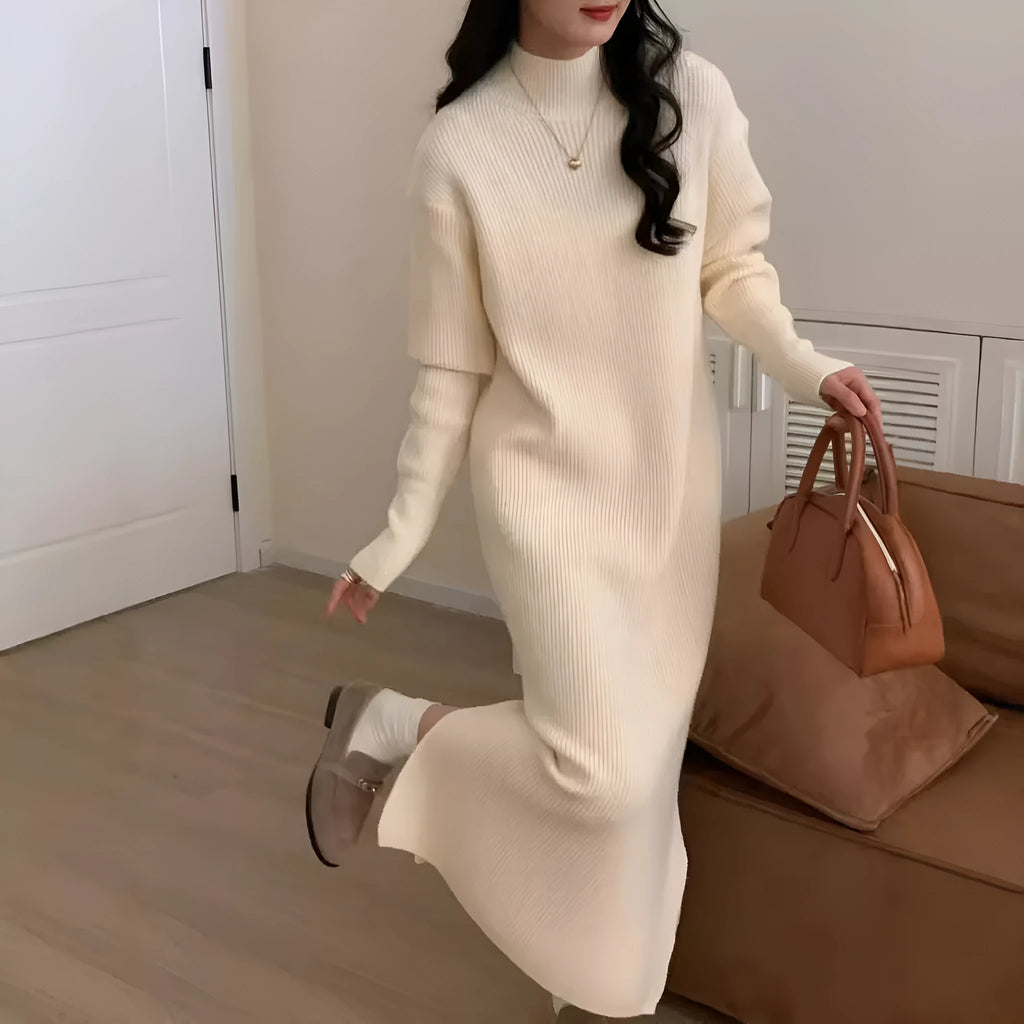 Half turtleneck knit dress in acrylic fabric with high waist and mid-length overknee skirt