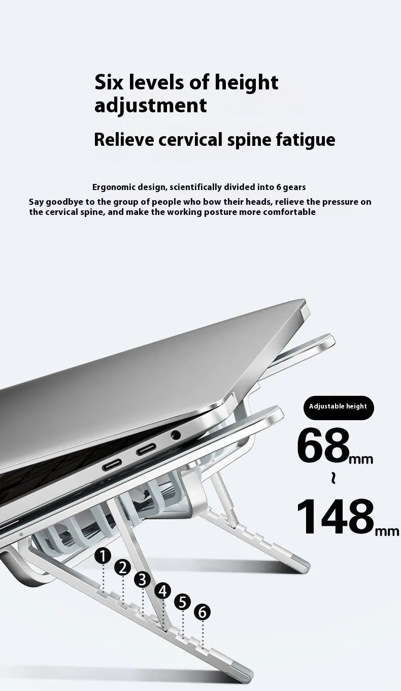 Silver aluminium laptop stand with twin cooling fans in folded position beside cloth storage bag